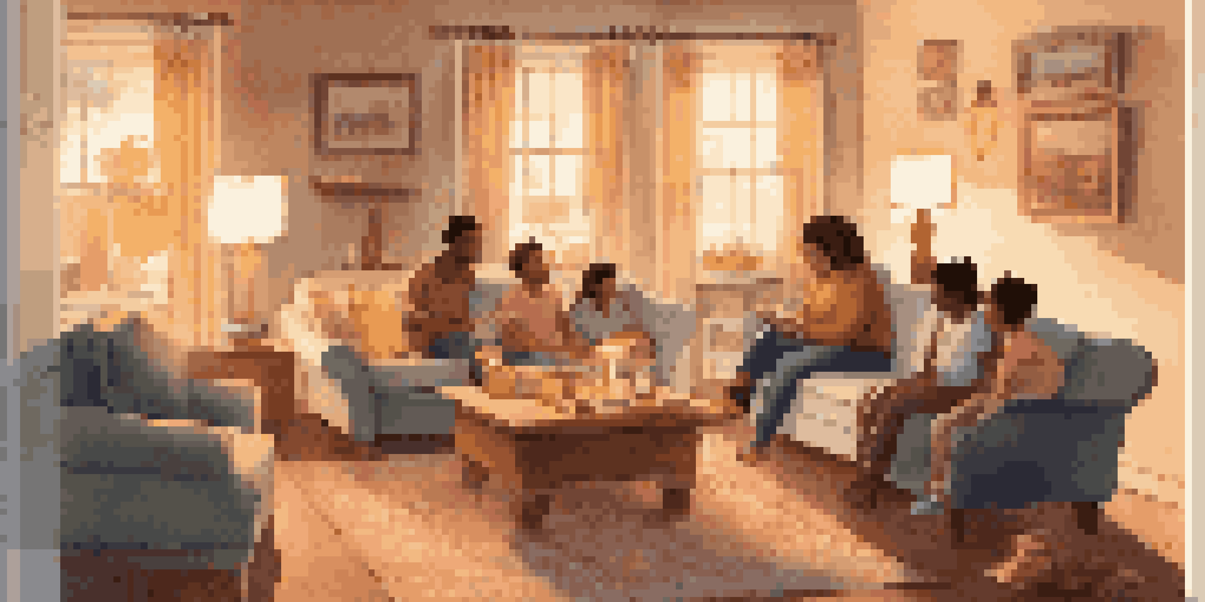 A diverse family gathered in a cozy living room, playing games and having a conversation.