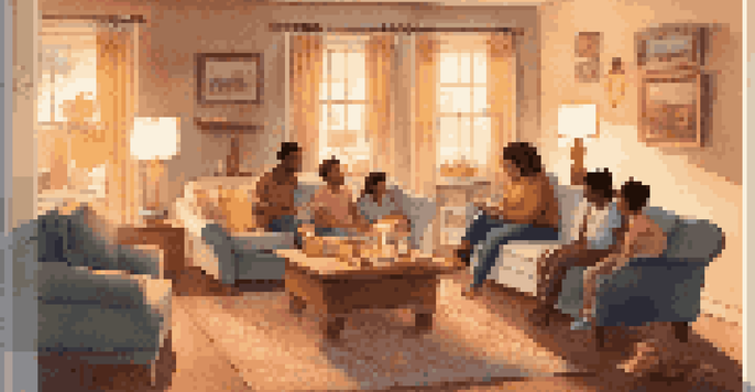 A diverse family gathered in a cozy living room, playing games and having a conversation.