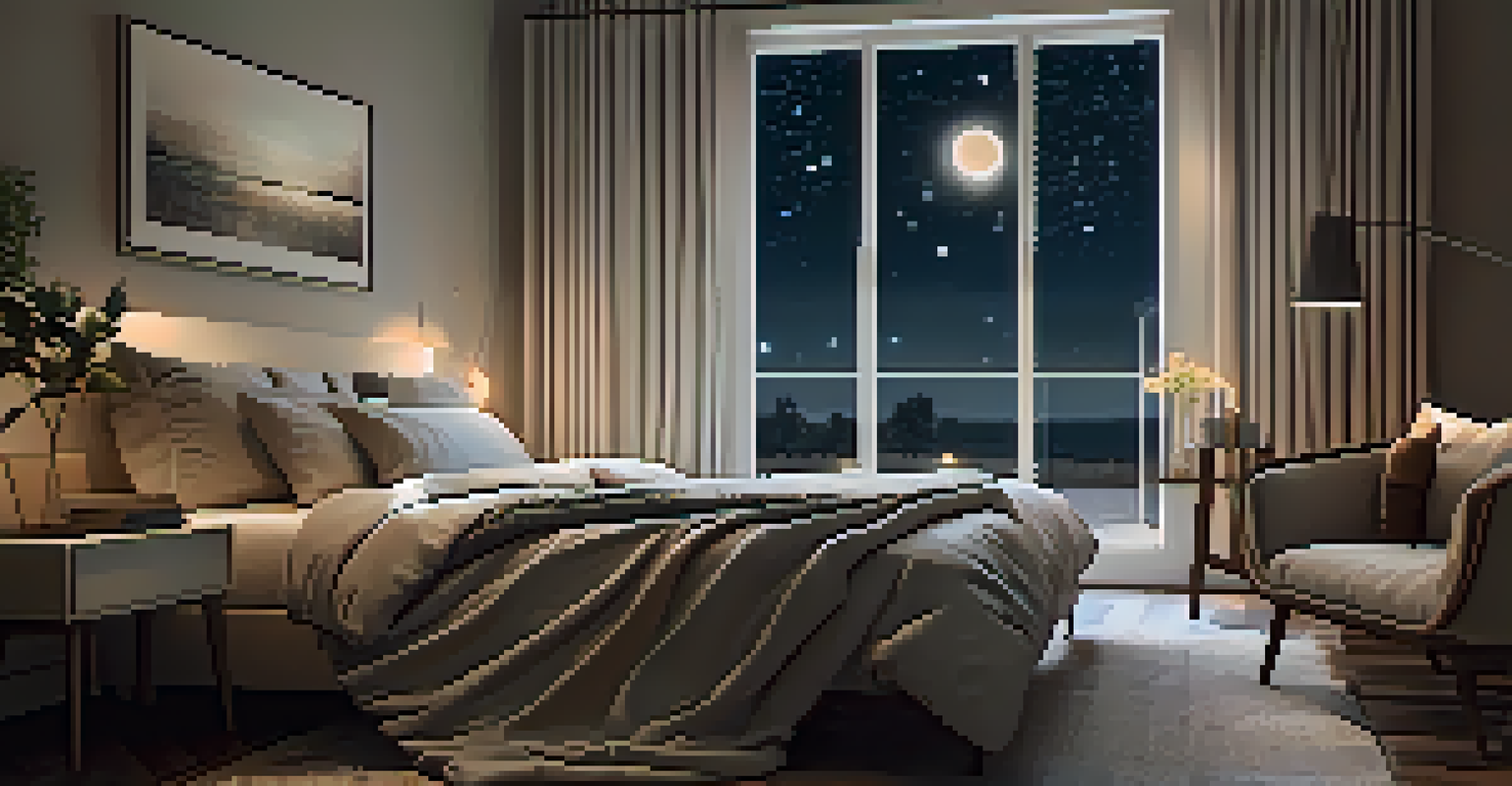 A tranquil bedroom with a cozy bed, soft lighting, and a view of a starry night sky through a window.