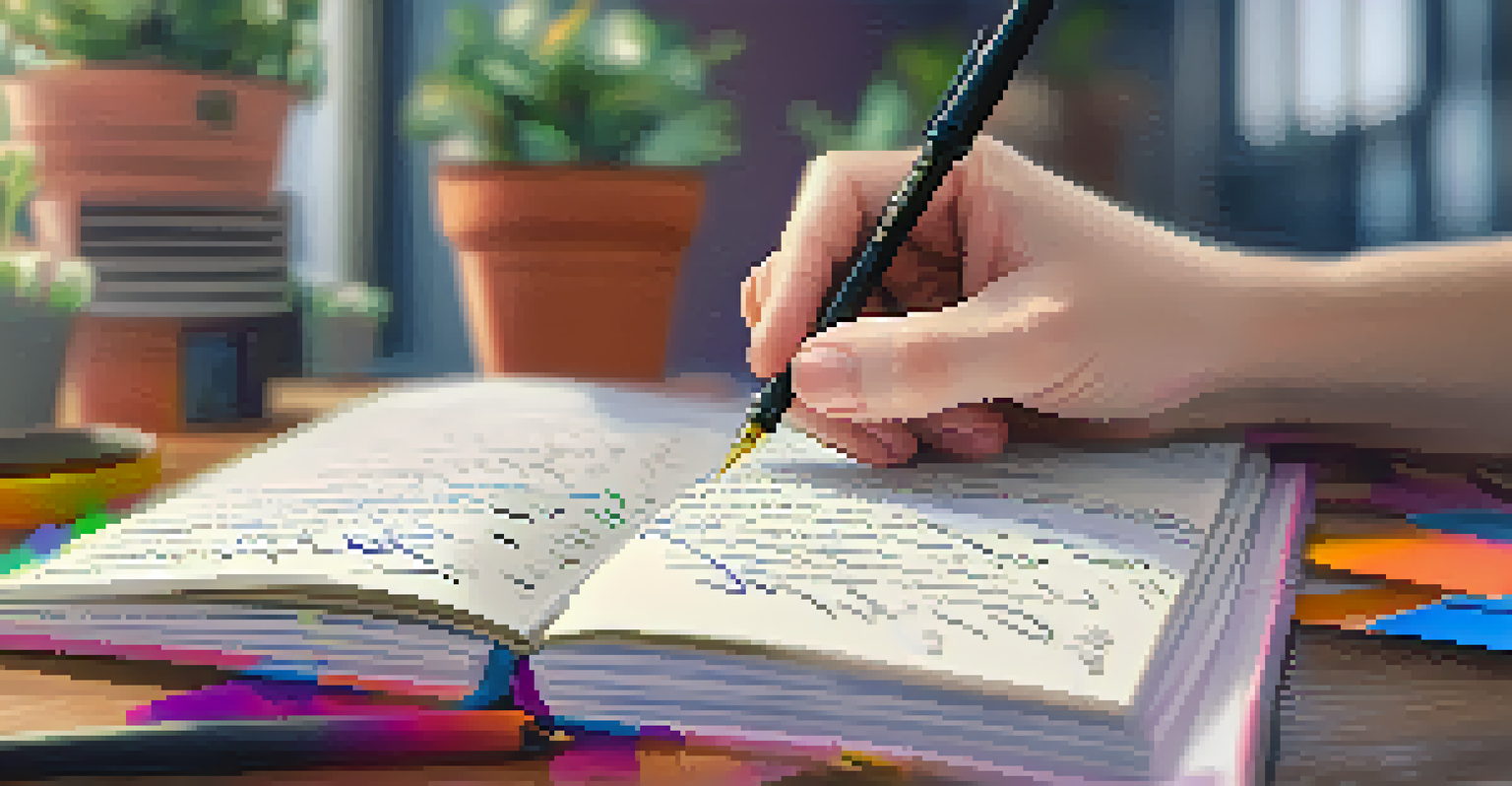A close-up image of a hand writing in a journal, showcasing a pen and handwritten notes, with colorful sticky notes and a plant in the background.