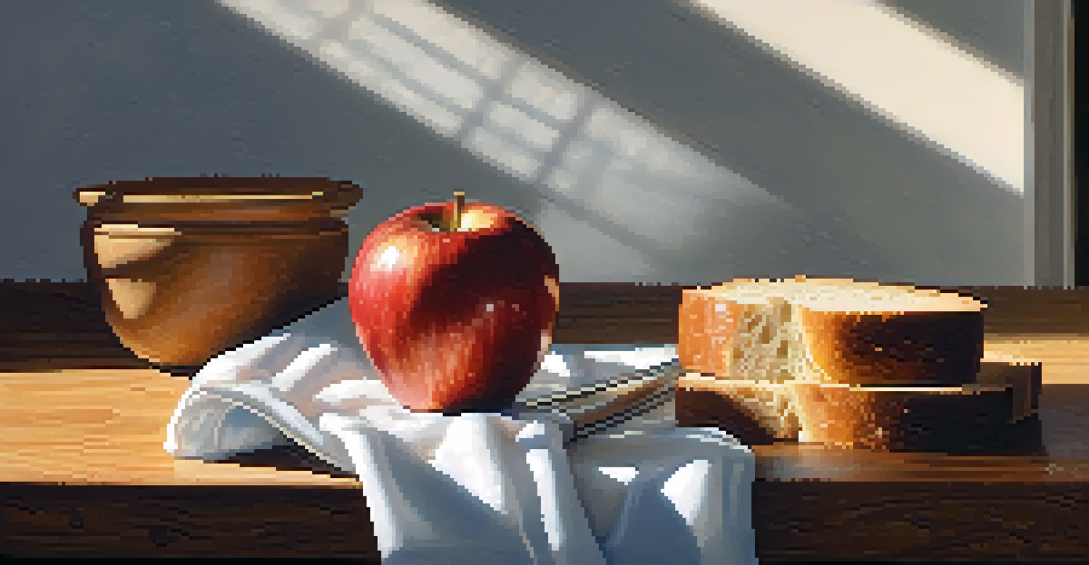 A wooden cutting board with an apple, carrot, and bread, alongside a small bowl of clear liquid, representing saliva.
