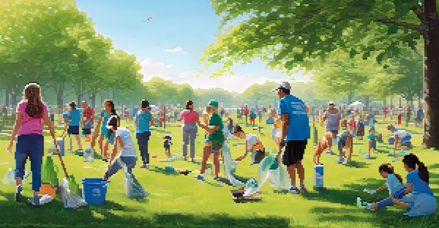 Volunteers of all ages participating in a community clean-up event in a park, picking up litter and engaging in fitness activities.