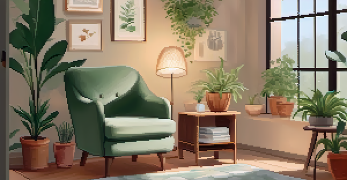 A peaceful self-care space with an armchair, plants, candles, and a journal, evoking relaxation.