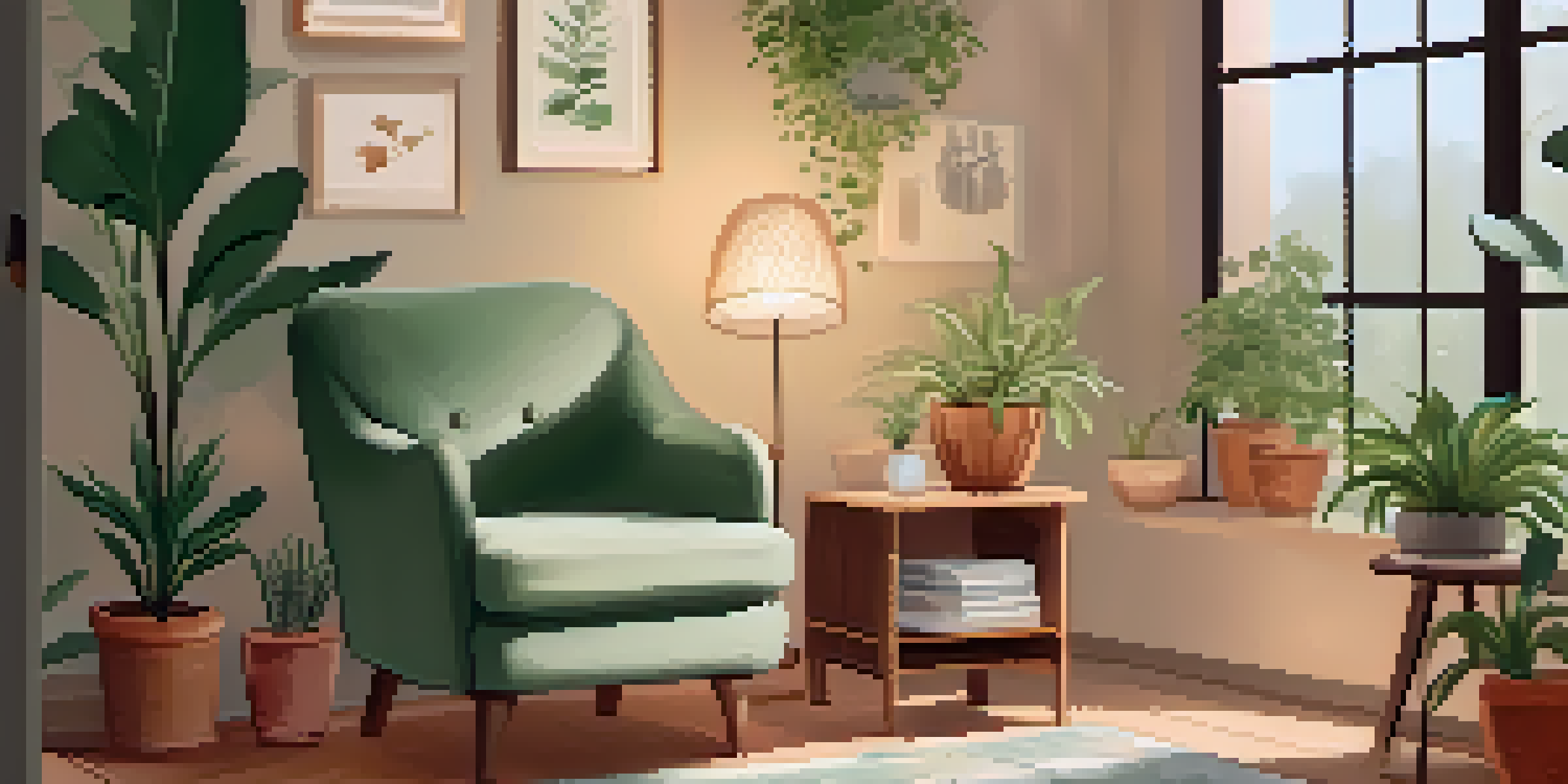 A peaceful self-care space with an armchair, plants, candles, and a journal, evoking relaxation.