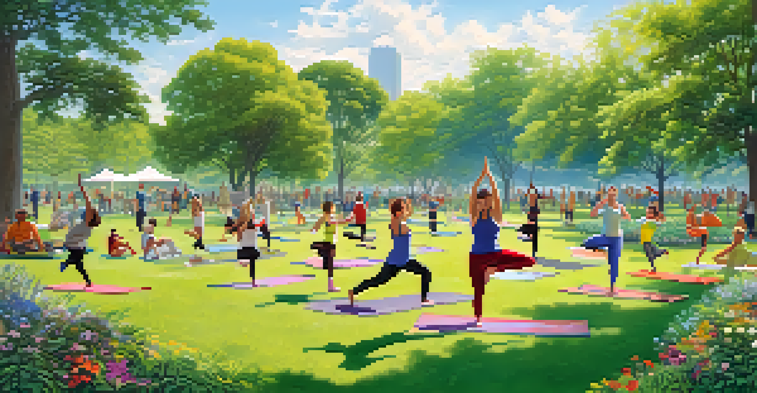 A lively park scene with people practicing yoga, jogging, and cycling, surrounded by vibrant greenery and blue skies.