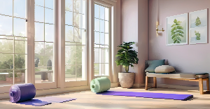 A calming home gym with a yoga mat, dumbbells, and soft light from a window.
