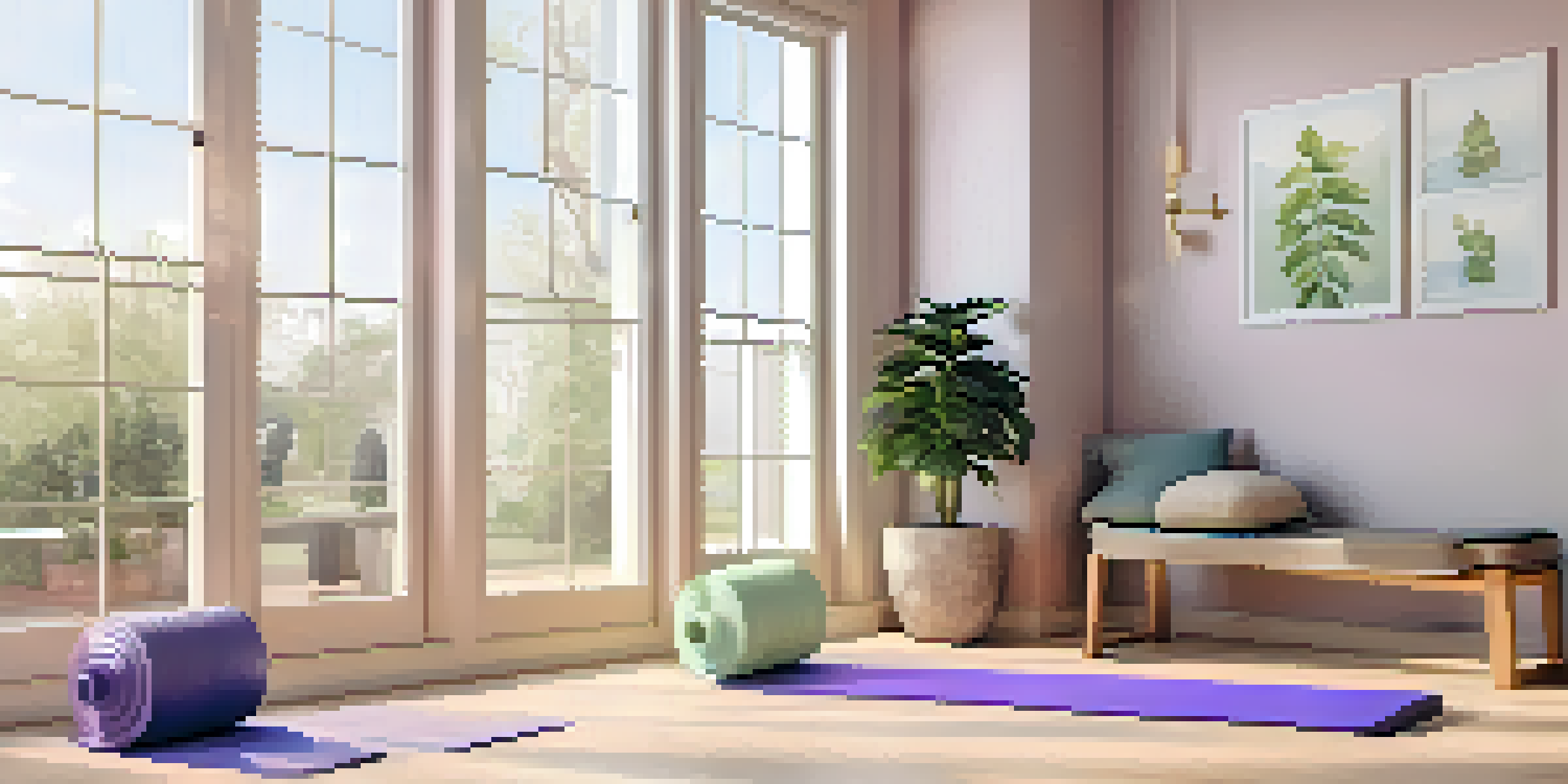 A calming home gym with a yoga mat, dumbbells, and soft light from a window.
