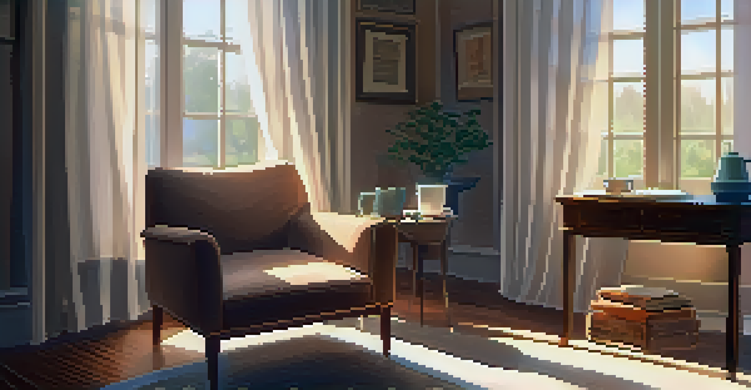 A cozy reading nook with a chair, tea, and a journal, emphasizing self-care and relaxation.