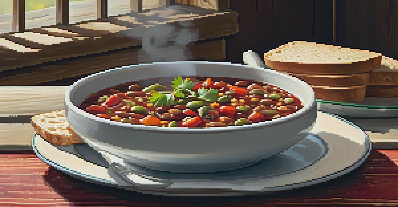 A steaming bowl of vegetable chili garnished with herbs, accompanied by whole grain bread on a rustic table.