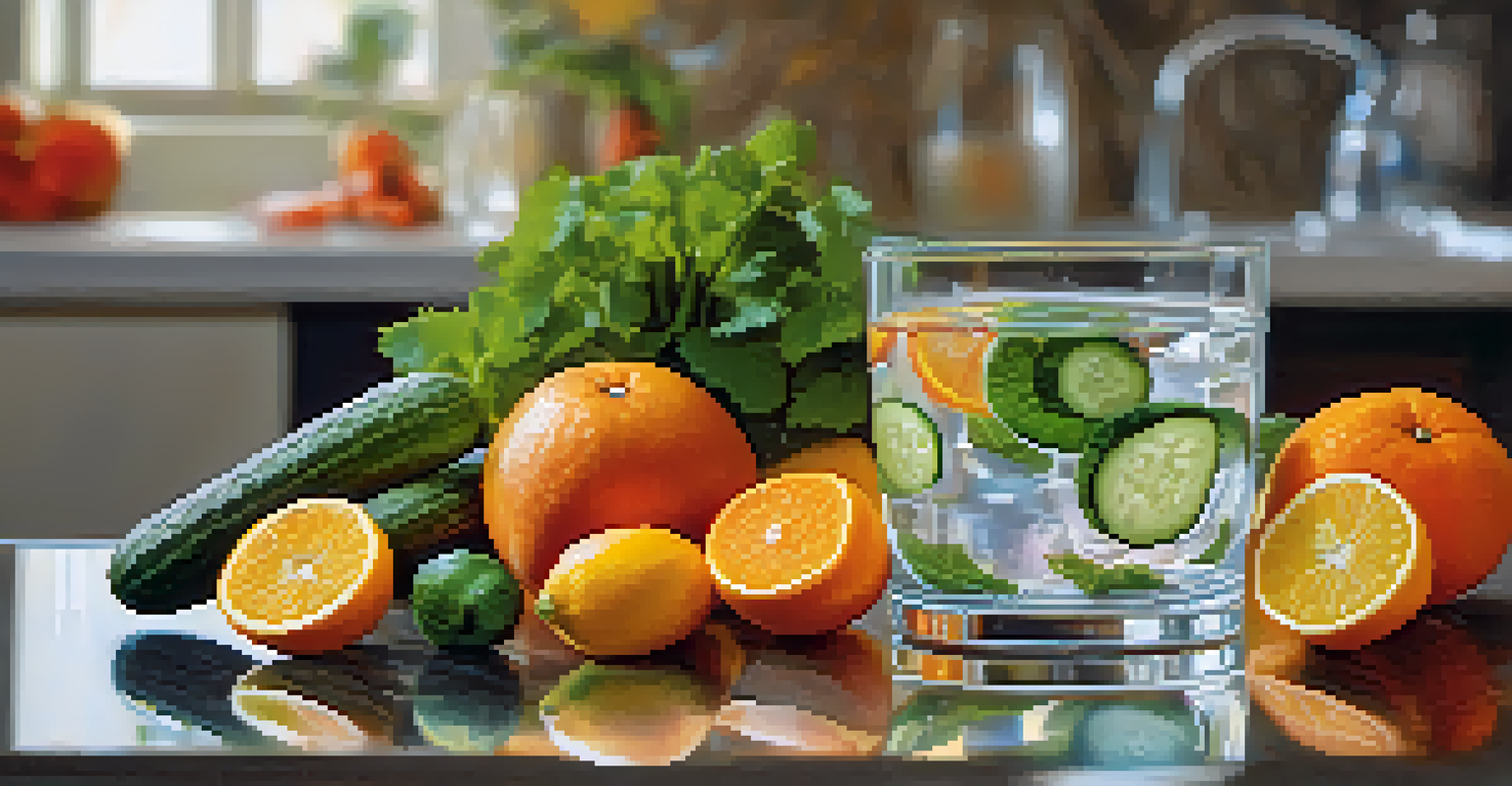 A refreshing glass of water surrounded by cucumbers, oranges, and berries, set on a kitchen countertop with a soft blurred background.