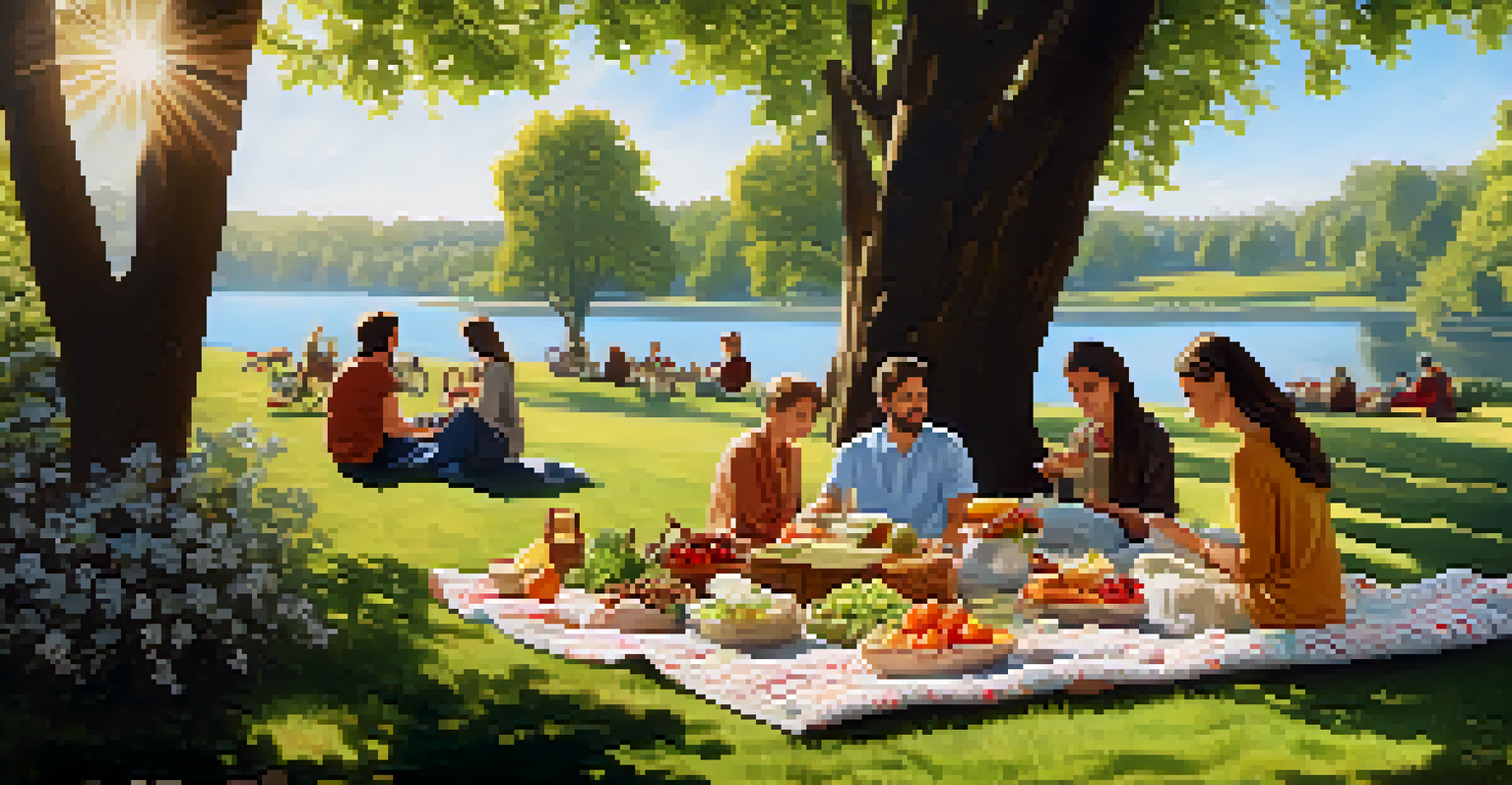 An outdoor picnic with a blanket on grass, displaying healthy foods and people enjoying their meals in a tranquil setting.