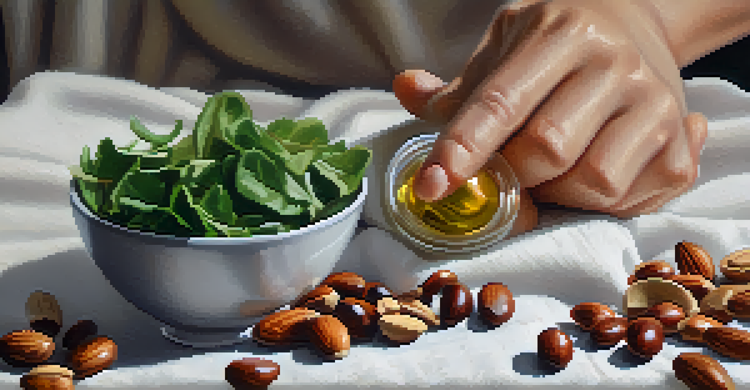 A close-up of a hand holding a prenatal vitamin bottle with capsules, next to a bowl of nuts and a salad, showcasing a healthy lifestyle.
