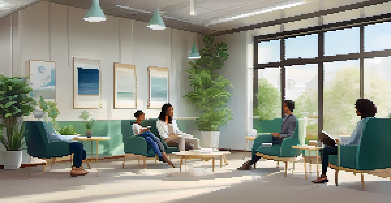 A peaceful break area in an office with comfortable seating and calming decor, where employees are relaxing and socializing.