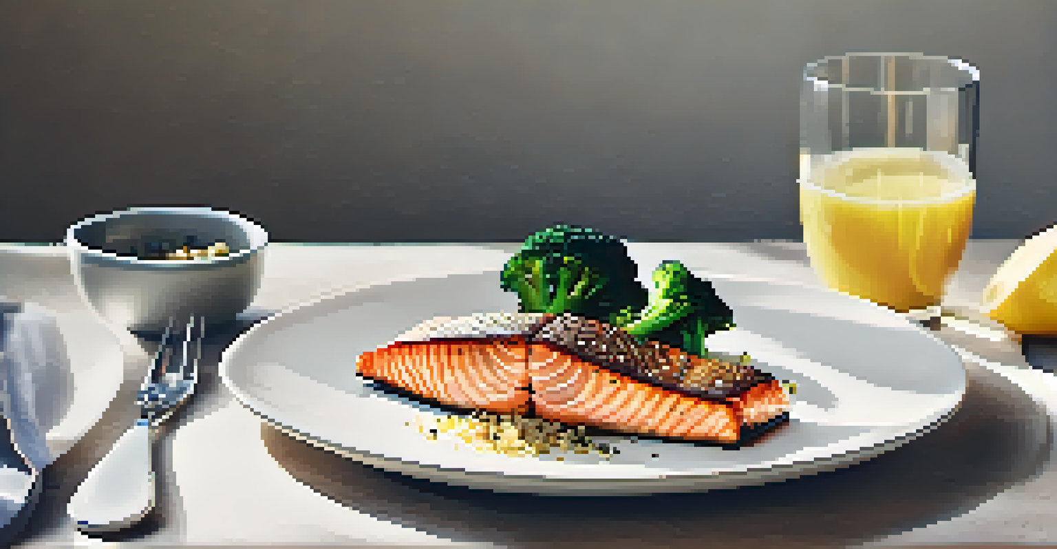 A plate with grilled salmon, broccoli, quinoa, and a lemon wedge, beautifully arranged.