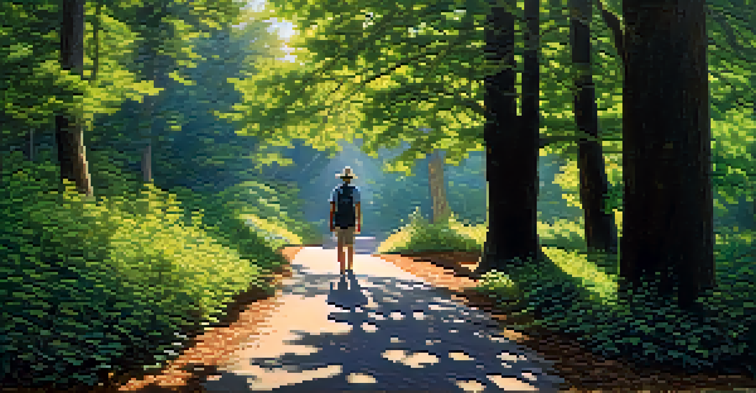 A traveler wearing a mask walking on a path in nature while maintaining social distance from others.