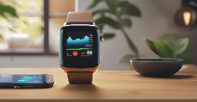 Close-up of a smartwatch showing health metrics on a wooden table in a cozy living room.