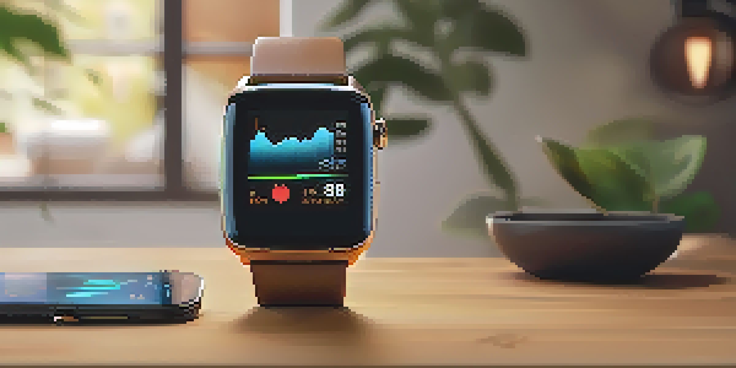 Close-up of a smartwatch showing health metrics on a wooden table in a cozy living room.