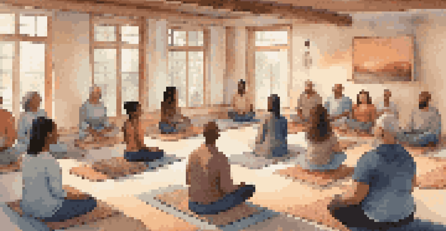 A group of individuals of different ages meditating together in a cozy indoor space, promoting a sense of community and relaxation.