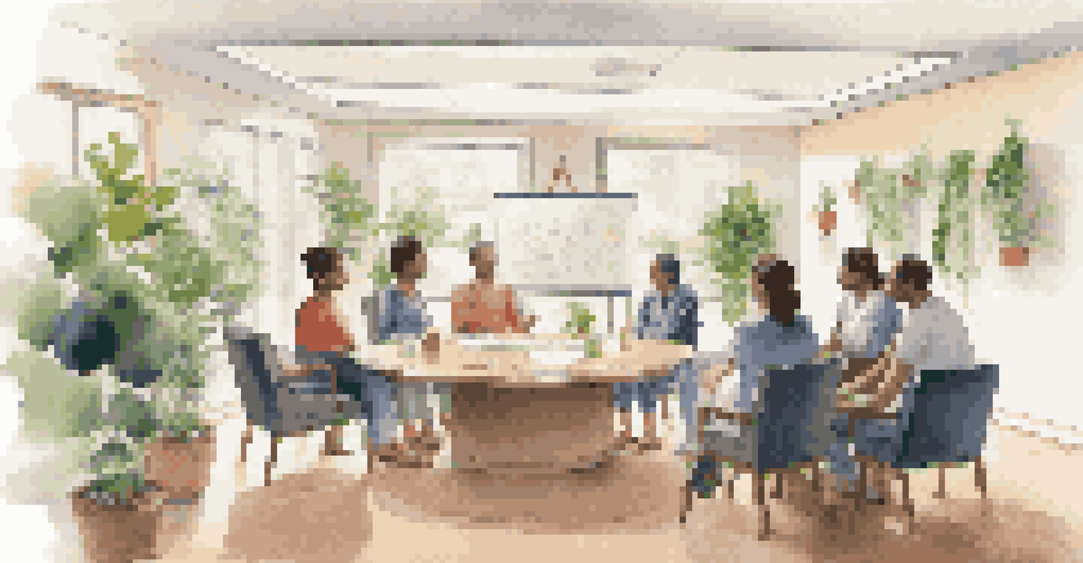A family meeting room with family members seated in a circle, engaging in open communication and expressing their thoughts.