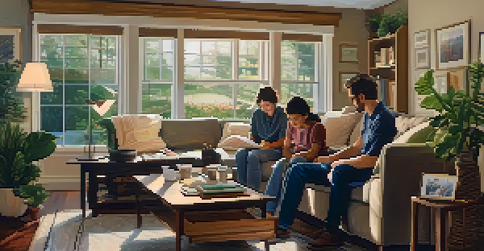 A family gathered in a cozy living room, discussing advanced directives with documents on the table under warm lighting.
