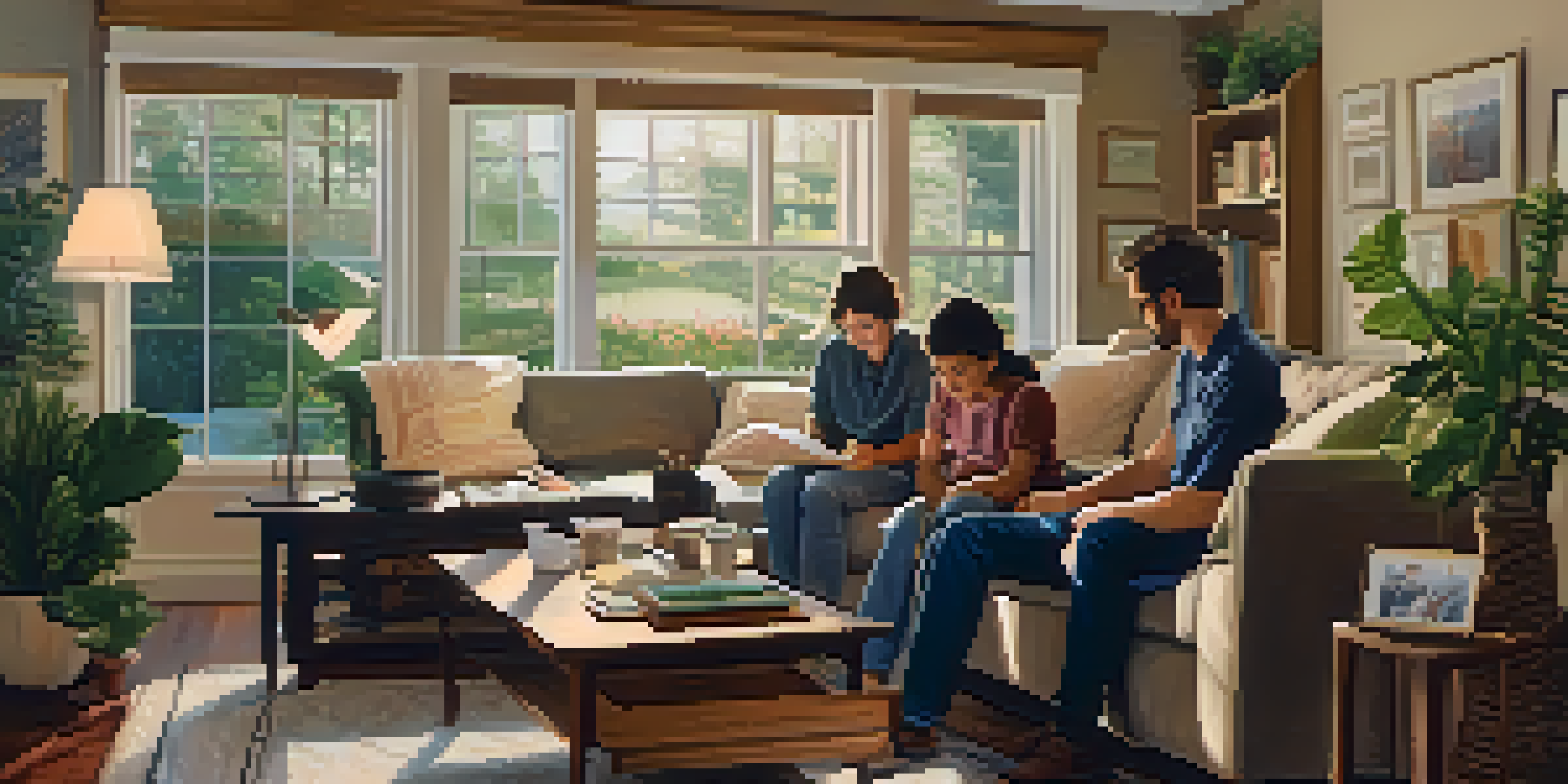 A family gathered in a cozy living room, discussing advanced directives with documents on the table under warm lighting.