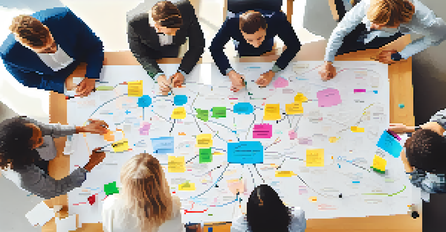 A diverse team of individuals collaborating around a table, creating a large colorful mind map with markers and sticky notes.