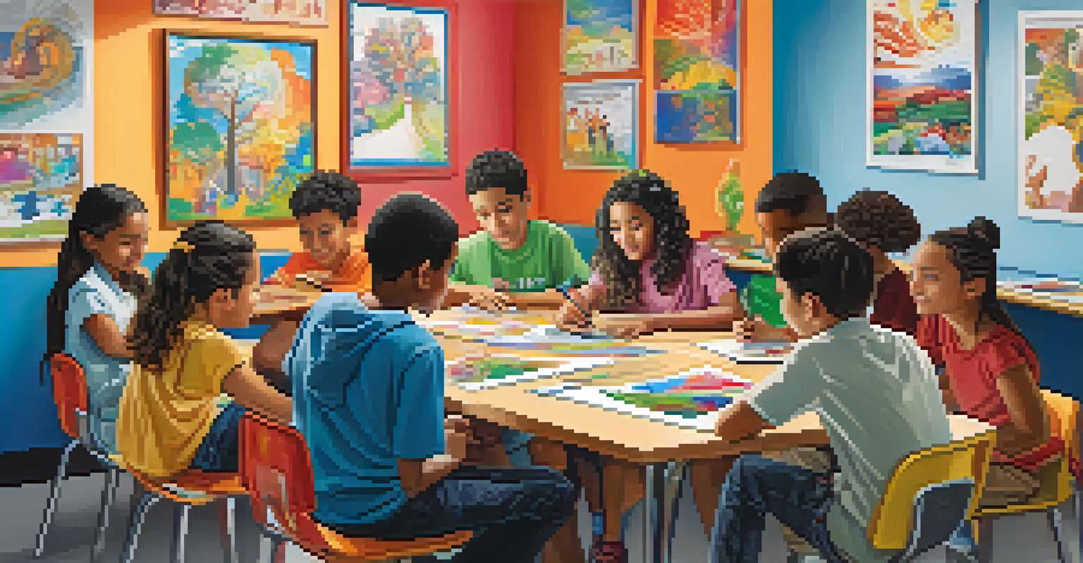Students in a colorful classroom collaborating on a project, showcasing teamwork and curiosity.