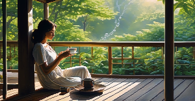 A person enjoying tea on a porch, surrounded by greenery, with sunlight filtering through leaves.