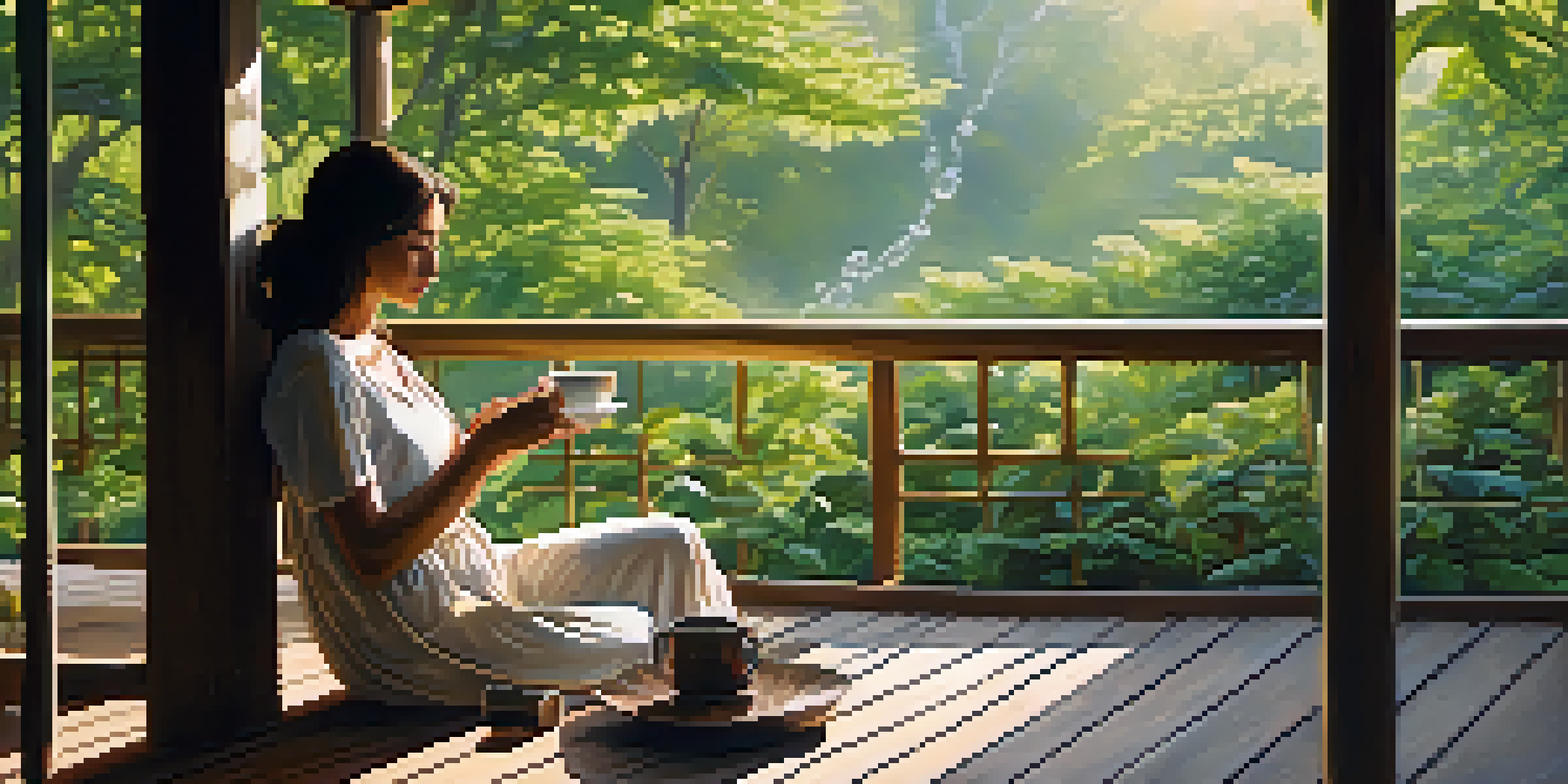 A person enjoying tea on a porch, surrounded by greenery, with sunlight filtering through leaves.