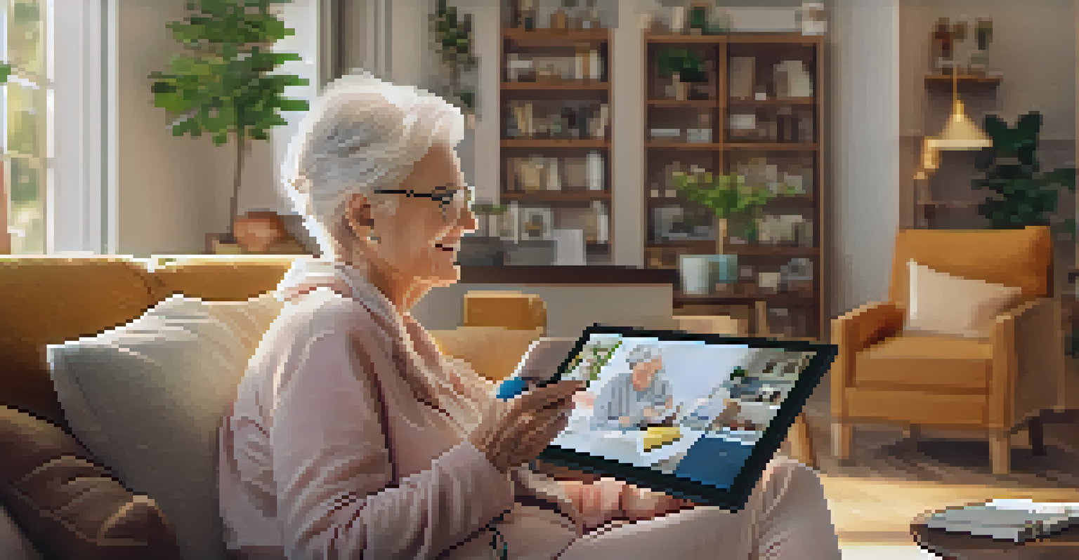 An elderly woman happily engaging in a telehealth consultation on her tablet in a cozy living room, surrounded by plants and family photos.