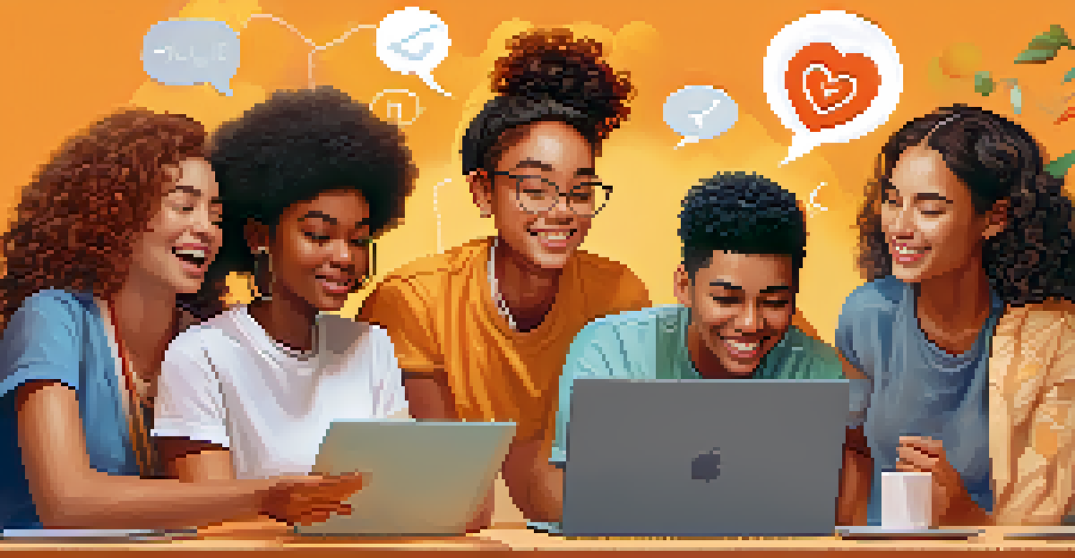 A diverse group of young individuals sharing their experiences while engaging with an online support community.