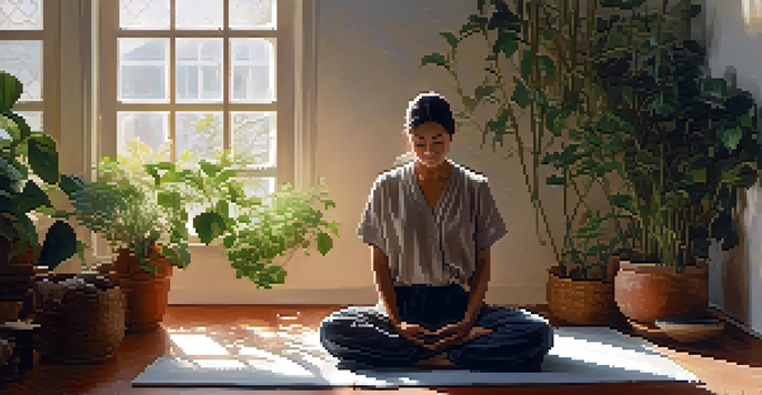 A person meditating in a bright room filled with greenery, sitting cross-legged on a mat with a calm expression.