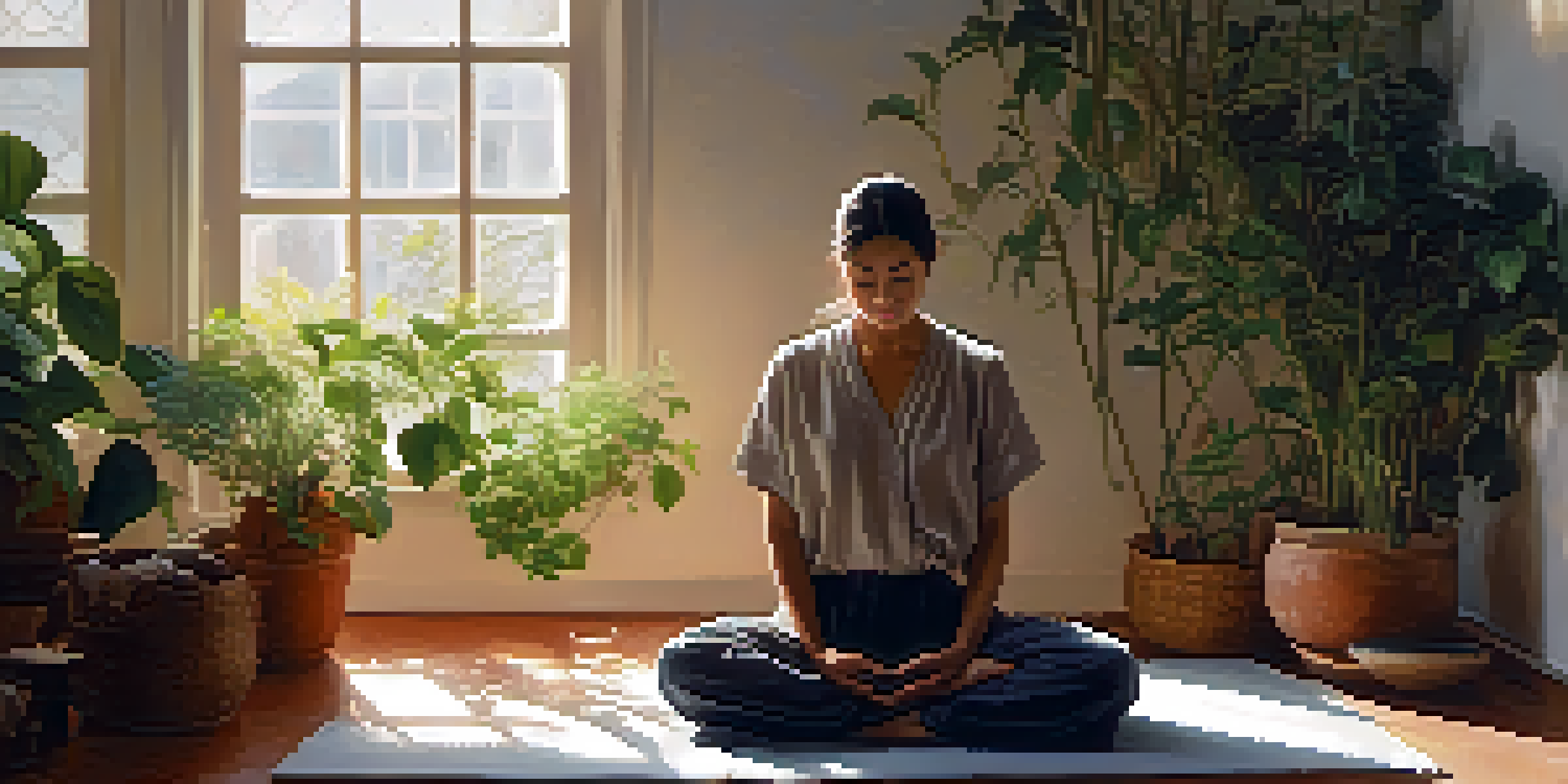 A person meditating in a bright room filled with greenery, sitting cross-legged on a mat with a calm expression.