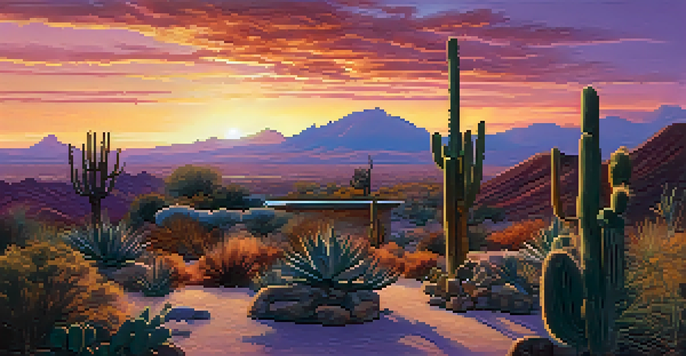 A peaceful sunset in the Sonoran Desert with a wellness resort among cacti and mountains.