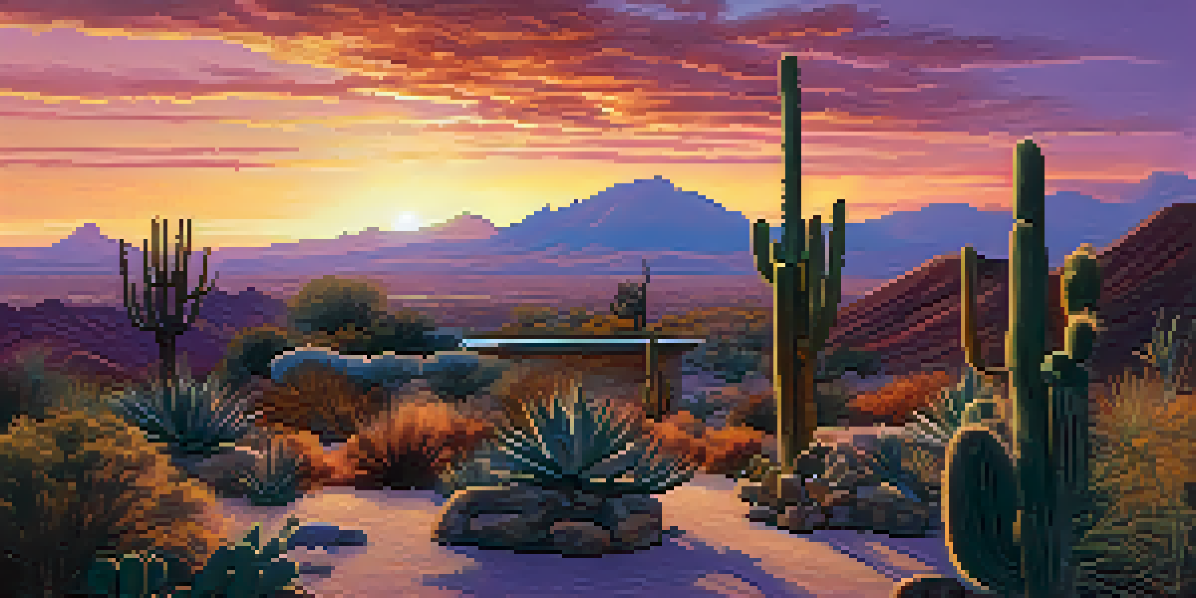 A peaceful sunset in the Sonoran Desert with a wellness resort among cacti and mountains.