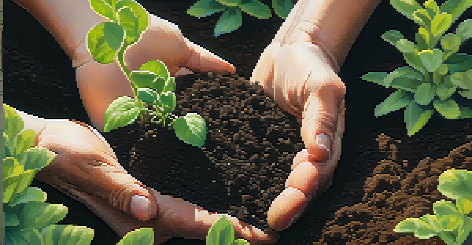 Close-up of hands planting seedlings in soil, emphasizing growth and nurturing in a community gardening setting.