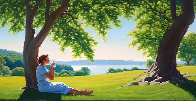 A person relaxing under a tree on a hot summer day, drinking water with a bright blue sky and green grass around them.