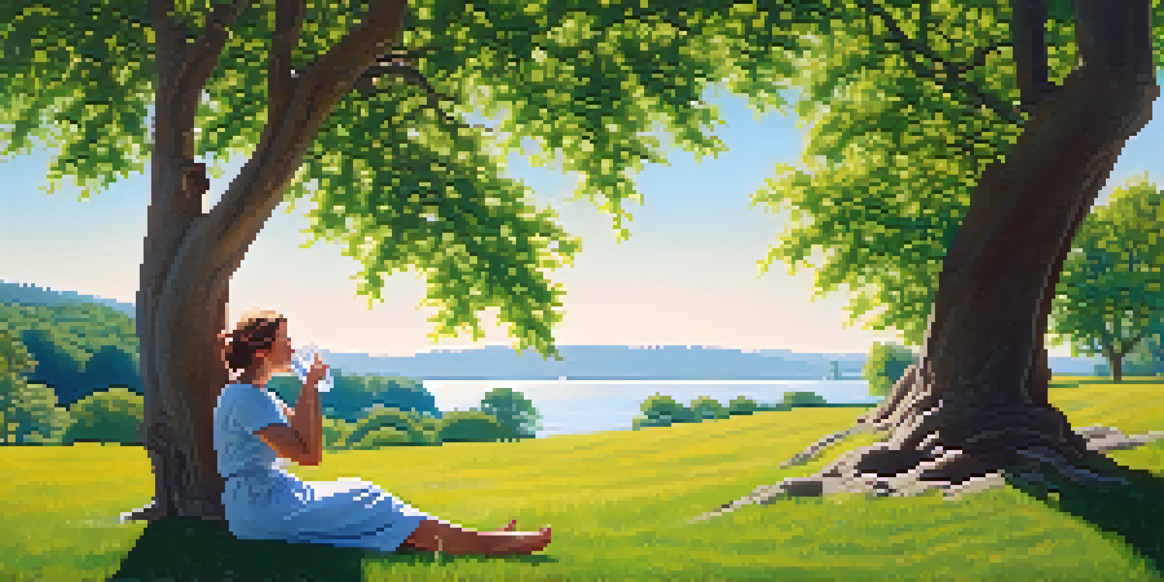 A person relaxing under a tree on a hot summer day, drinking water with a bright blue sky and green grass around them.