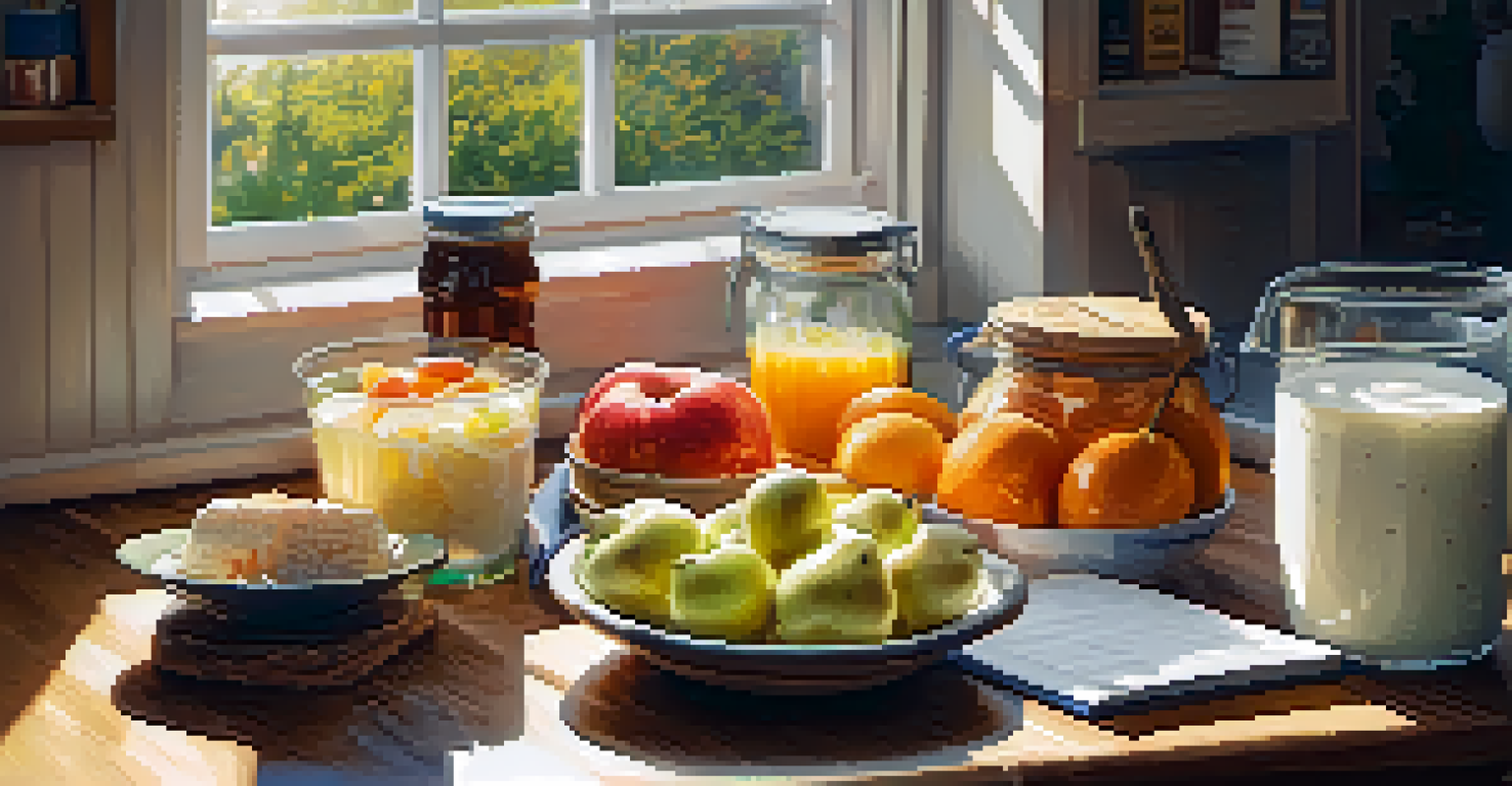 A warm kitchen with probiotic-rich foods like yogurt and sauerkraut on a wooden table, illuminated by sunlight, with a notepad listing healthy eating habits.