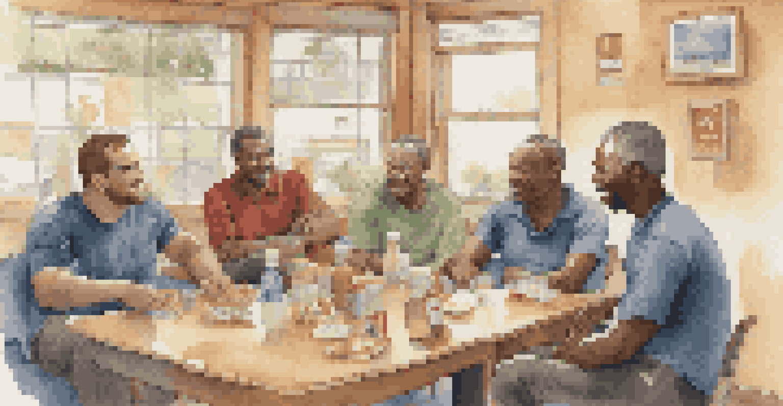 A small group of men in a community center discussing diabetes management, with a warm and inviting atmosphere.