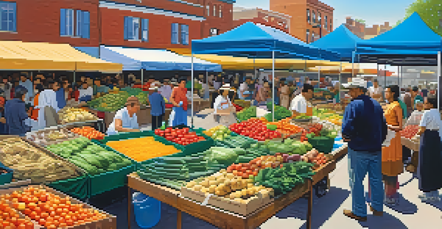 A lively farmer's market with diverse families shopping for fresh produce and traditional foods under a bright sky.