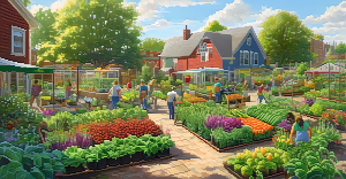 A lively community garden with people of different ages working together among colorful plants and flowers under sunlight.
