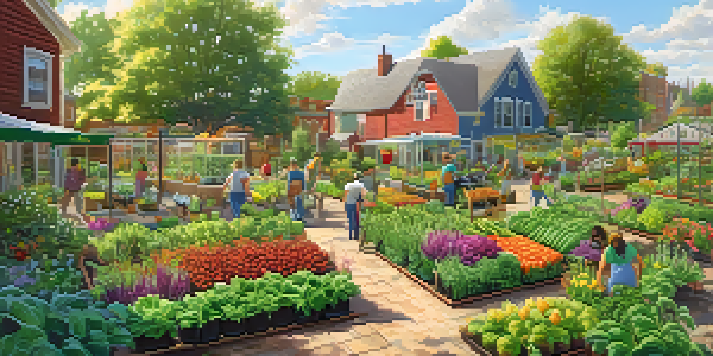 A lively community garden with people of different ages working together among colorful plants and flowers under sunlight.