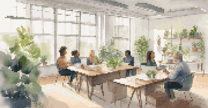 A peaceful office space with diverse employees participating in a mindfulness workshop, surrounded by plants and natural light.