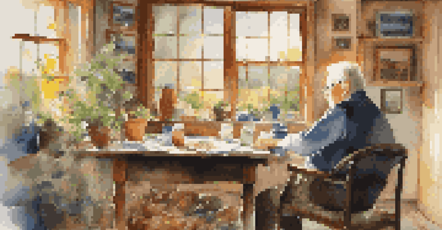 An older man concentrating on painting a landscape at a wooden table, surrounded by art supplies in a sunlit room.
