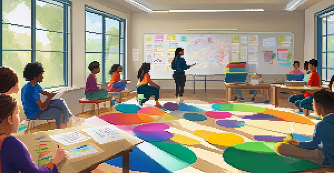 A bright classroom filled with diverse students participating in a mental health workshop, engaged and taking notes as a teacher presents.