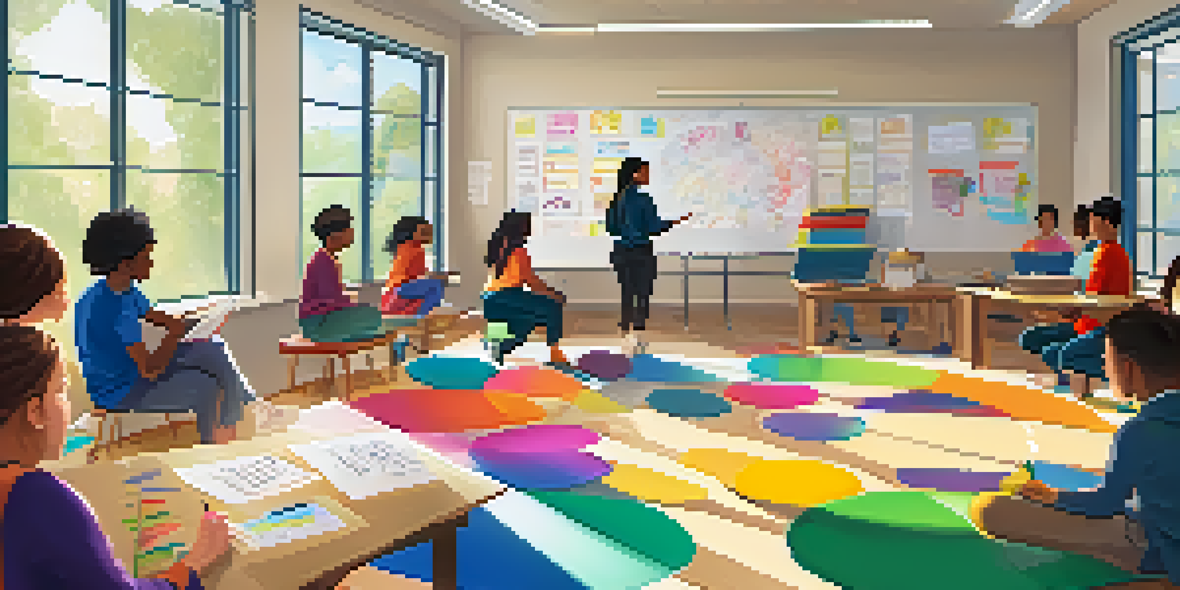 A bright classroom filled with diverse students participating in a mental health workshop, engaged and taking notes as a teacher presents.