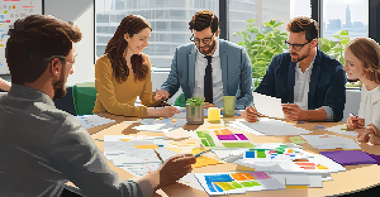 Colleagues gathered around a round table in a modern office, discussing stress management strategies with charts and sticky notes.