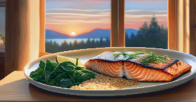 A cozy kitchen table set with grilled salmon, quinoa, steamed spinach, and yogurt with berries, illuminated by soft evening light.