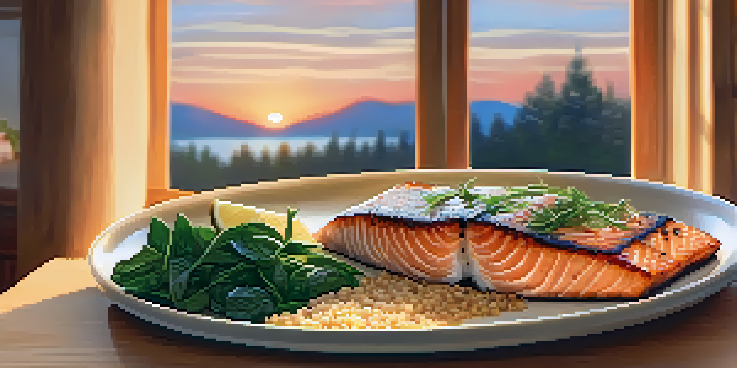 A cozy kitchen table set with grilled salmon, quinoa, steamed spinach, and yogurt with berries, illuminated by soft evening light.